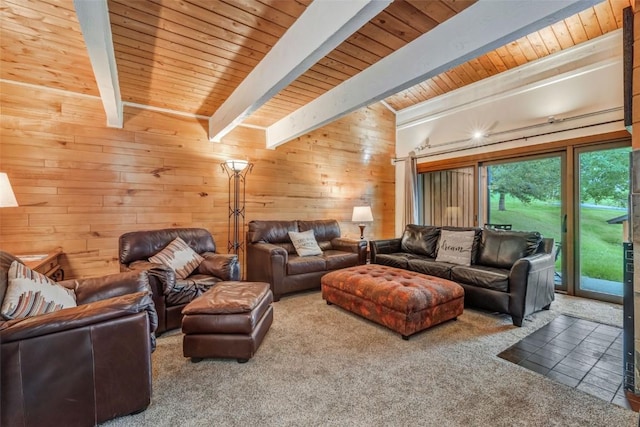 living room featuring beamed ceiling, carpet flooring, wooden ceiling, and wood walls