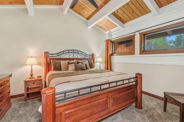 bedroom with carpet, vaulted ceiling with beams, and wooden ceiling