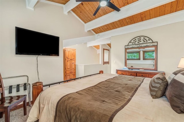 bedroom featuring ceiling fan, lofted ceiling with beams, wood ceiling, and carpet floors