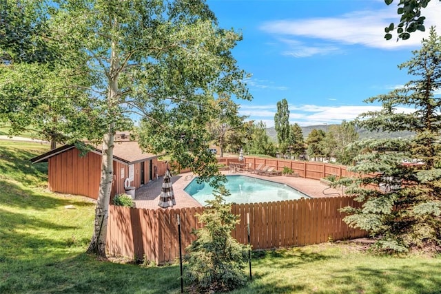 view of pool with a lawn and a patio