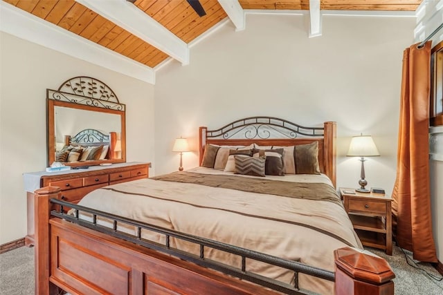 carpeted bedroom featuring wooden ceiling and lofted ceiling with beams