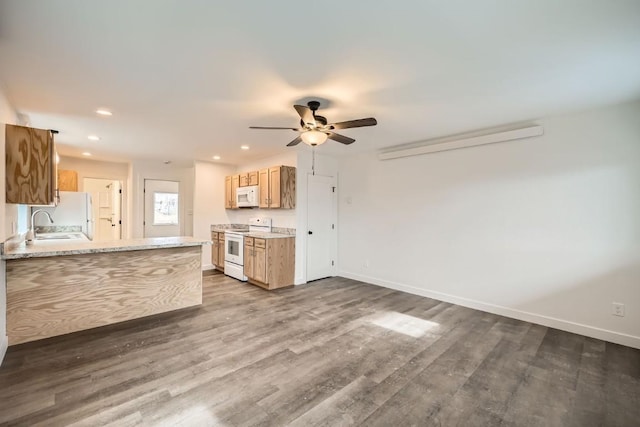 525 Castello Ave, Fairplay, CO 80440 - kitchen featuring recessed lighting, a ceiling fan, white appliances, baseboards, and dark wood-style flooring