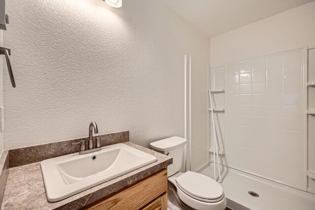 525 Castello Ave, Fairplay, CO 80440 - full bath with toilet, a textured wall, vanity, and tiled shower