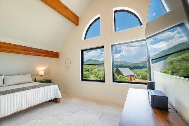 44255 Diamondback Way, Steamboat Springs, CO 80487 - carpeted bedroom featuring beamed ceiling and high vaulted ceiling