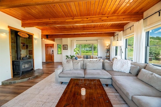 44255 Diamondback Way, Steamboat Springs, CO 80487 - living room with wood finished floors, healthy amount of natural light, a wood stove, and a wood ceiling with exposed beams