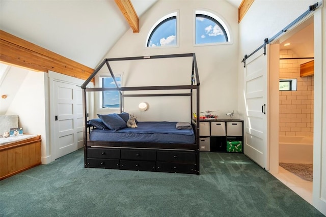 44255 Diamondback Way, Steamboat Springs, CO 80487 - bedroom featuring a barn door, carpet flooring, beamed ceiling, high vaulted ceiling, and connected bathroom