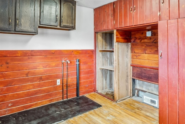 kitchen with wooden walls, wood finished floors, and visible vents