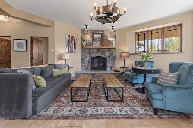 40924 Purple Sage St, Steamboat Springs, CO 80487 - living room with a chandelier, a fireplace, and stone finish floors