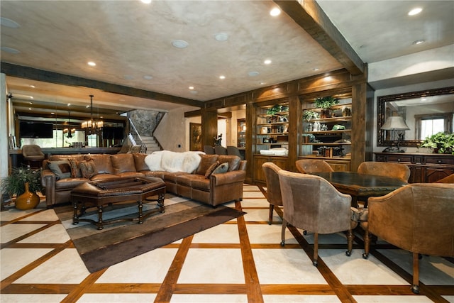 living room featuring an inviting chandelier, beamed ceiling, and recessed lighting