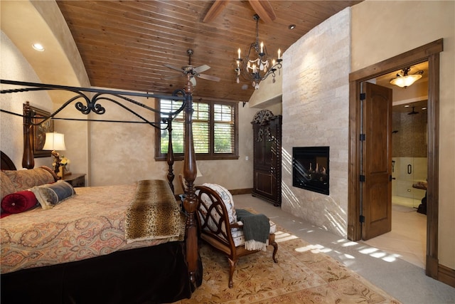 carpeted bedroom featuring lofted ceiling, wood ceiling, and a fireplace