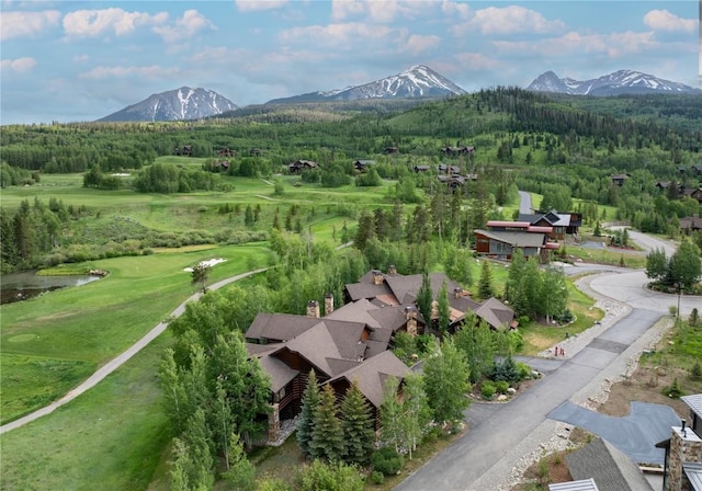 bird's eye view featuring a mountain view and a wooded view