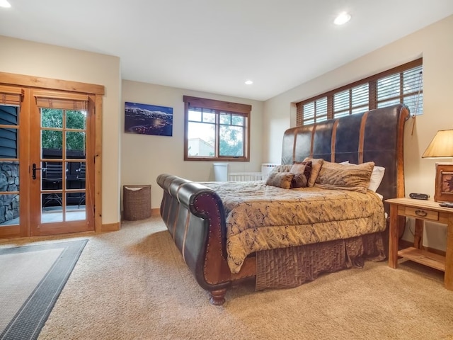 carpeted bedroom with recessed lighting, access to exterior, baseboards, and french doors