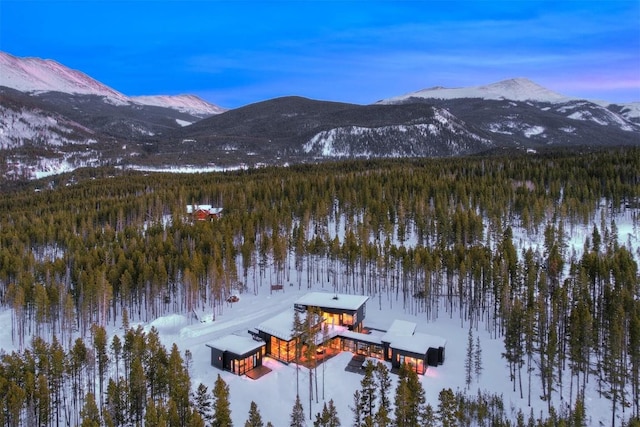 snowy aerial view with a mountain view and a view of trees