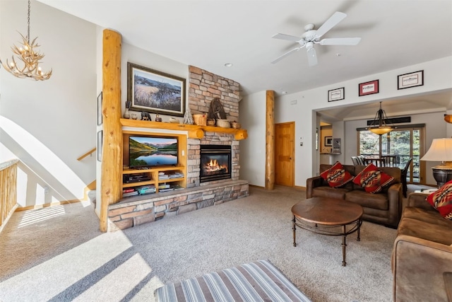 502 Northstar Dr Unit 1947, Keystone, CO 80435 - living area with carpet flooring, a fireplace, a chandelier, and ceiling fan