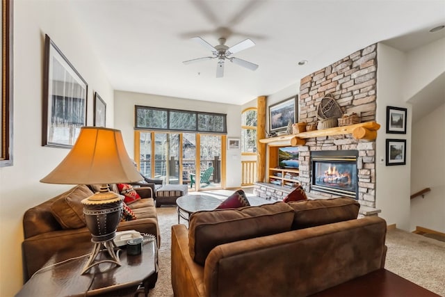 502 Northstar Dr Unit 1947, Keystone, CO 80435 - living room featuring a ceiling fan, carpet, and a fireplace