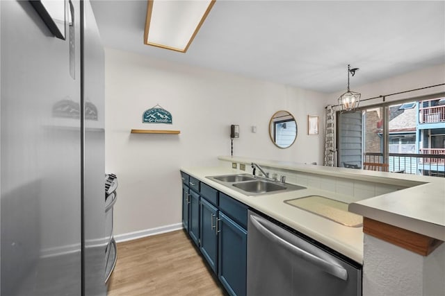 100 S Park Ave Unit E312, Breckenridge, CO 80424 - kitchen with blue cabinets, a sink, stainless steel appliances, light wood-type flooring, and light countertops