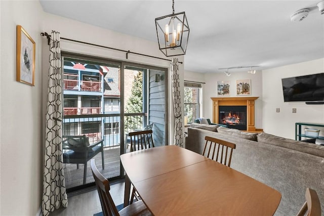 100 S Park Ave Unit E312, Breckenridge, CO 80424 - dining space featuring a glass covered fireplace, wood finished floors, and track lighting