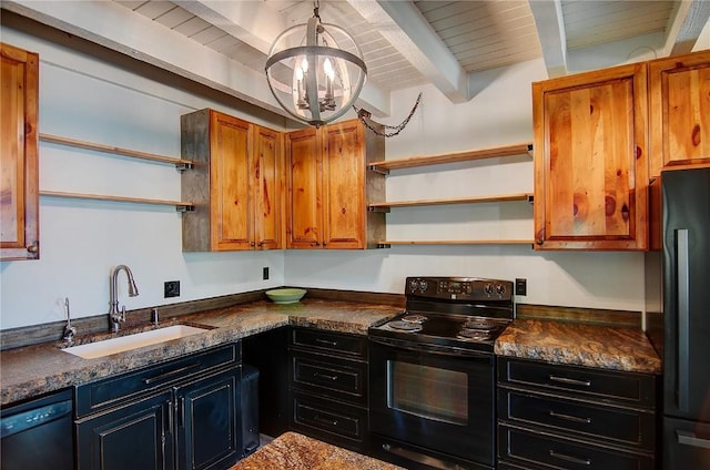 3020 Village Dr Unit 222, Steamboat Springs, CO 80487 - kitchen featuring open shelves, black appliances, beamed ceiling, a chandelier, and dark countertops