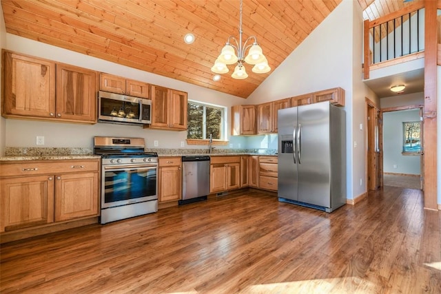 kitchen with an inviting chandelier, wood finished floors, wood ceiling, appliances with stainless steel finishes, and high vaulted ceiling