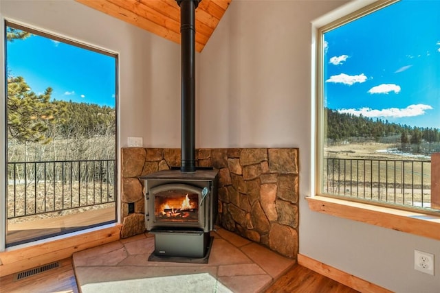 interior details featuring wood finished floors, a wood stove, baseboards, and visible vents