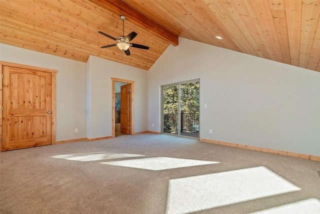 carpeted spare room with beamed ceiling, wooden ceiling, baseboards, and a ceiling fan