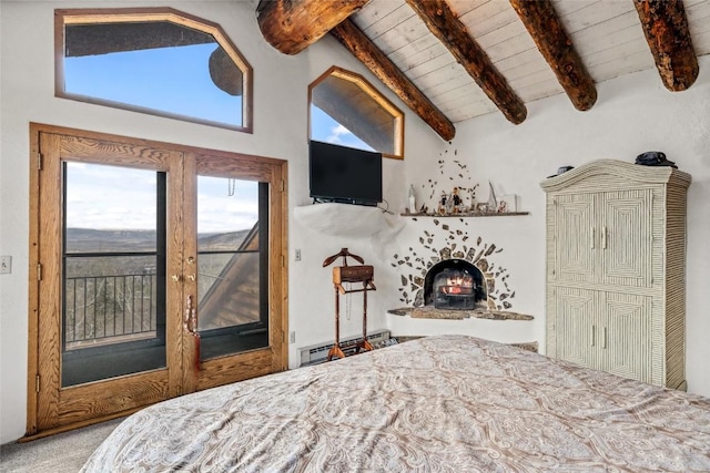 2350 Glacier Rdg, Steamboat Springs, CO 80487 - carpeted bedroom with wooden ceiling, vaulted ceiling with beams, access to outside, and a baseboard radiator