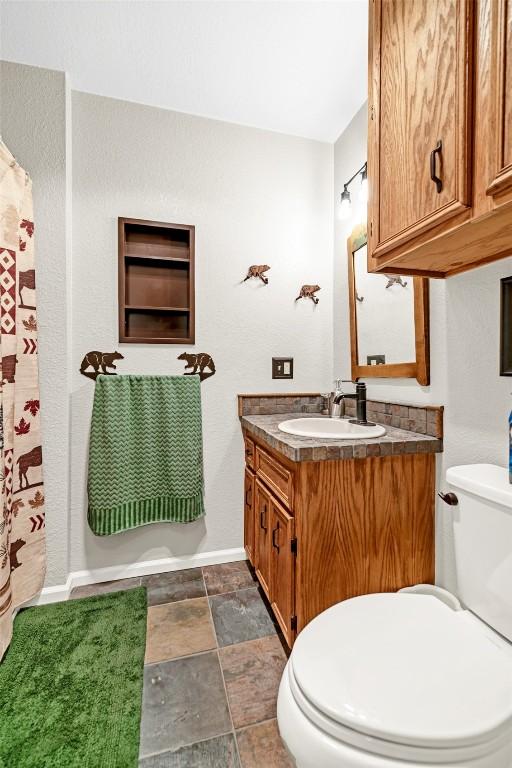 850 Georgia Pass, Lookout, Jefferson, CO 80456 - bathroom with vanity, a shower with curtain, baseboards, toilet, and stone finish floor