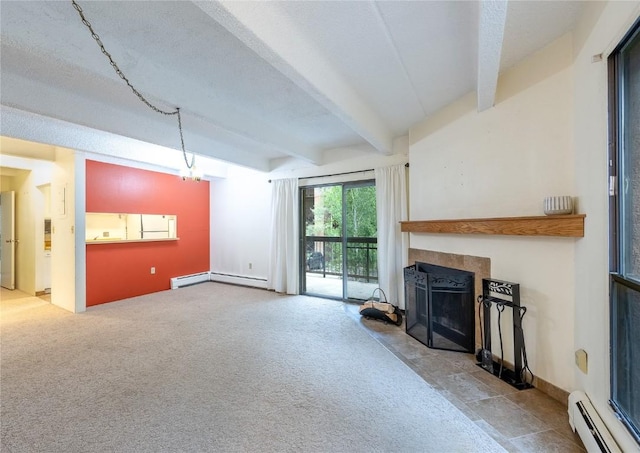 carpeted living area with a baseboard radiator, a fireplace with flush hearth, a textured ceiling, and beamed ceiling