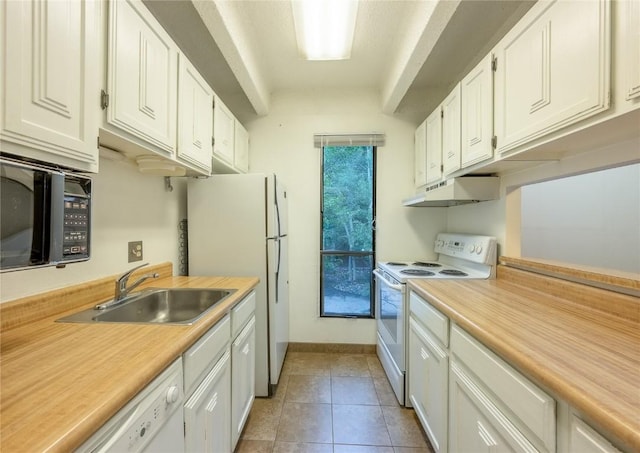kitchen featuring a sink, white cabinetry, white appliances, light countertops, and under cabinet range hood