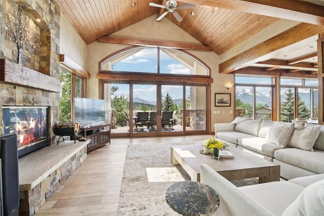 17 James Ct, Dillon, CO 80435 - living area with ceiling fan, a wood ceiling with exposed beams, hardwood / wood-style flooring, a fireplace, and high vaulted ceiling