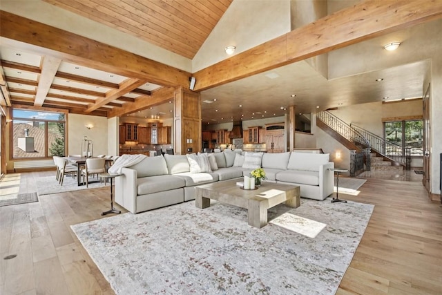 17 James Ct, Dillon, CO 80435 - living area featuring stairway, light wood-type flooring, and coffered ceiling