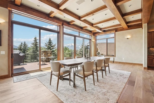 17 James Ct, Dillon, CO 80435 - dining space featuring light wood finished floors, beam ceiling, and coffered ceiling