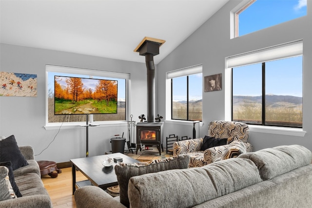 2349 Michigan Hill Rd, Jefferson, CO 80456 - living area with a wood stove, light wood-type flooring, healthy amount of natural light, baseboards, and high vaulted ceiling