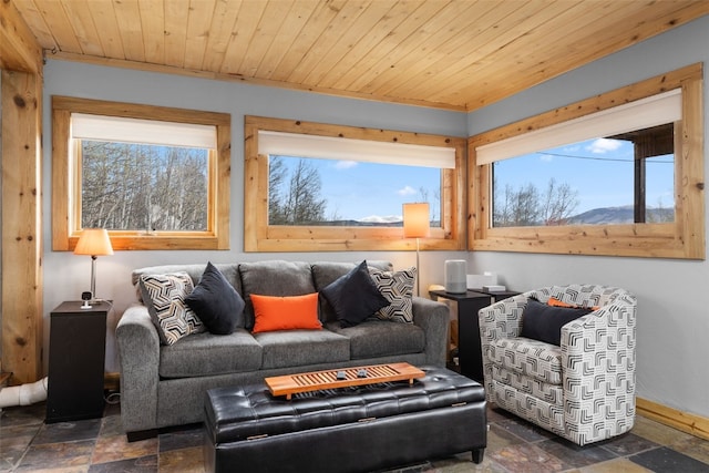 2349 Michigan Hill Rd, Jefferson, CO 80456 - living area with stone tile floors, baseboards, and wood ceiling