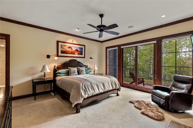 1115 Steamboat Blvd, Steamboat Springs, CO 80487 - bedroom featuring light colored carpet, access to outside, baseboards, ornamental molding, and ceiling fan