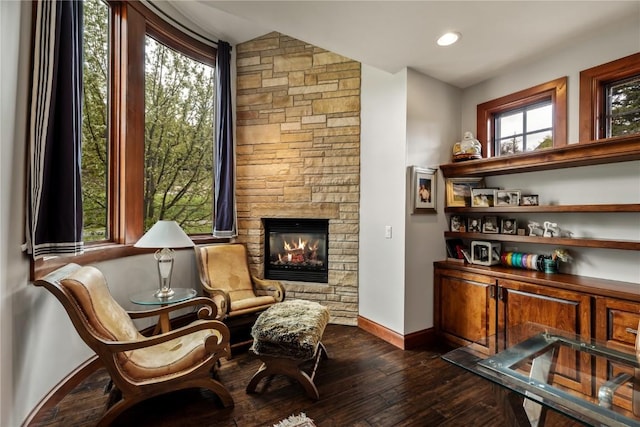 1115 Steamboat Blvd, Steamboat Springs, CO 80487 - living area with vaulted ceiling, a stone fireplace, baseboards, and dark wood-type flooring