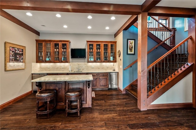 1115 Steamboat Blvd, Steamboat Springs, CO 80487 - bar area featuring baseboards, tasteful backsplash, dark wood-style floors, stairway, and recessed lighting
