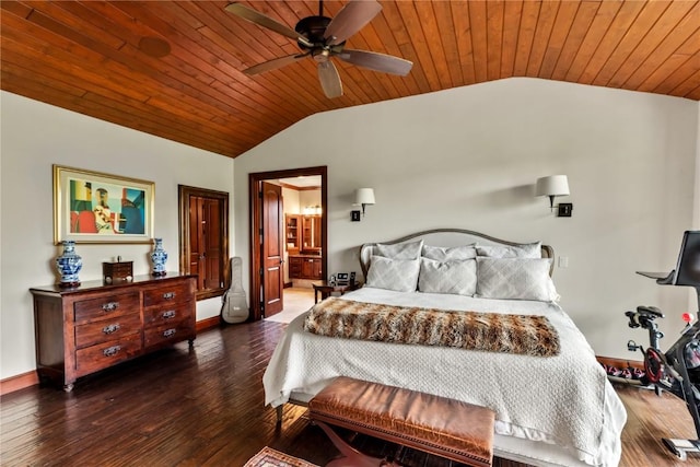 1115 Steamboat Blvd, Steamboat Springs, CO 80487 - bedroom featuring vaulted ceiling, wood ceiling, hardwood / wood-style flooring, baseboards, and a ceiling fan