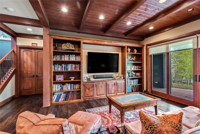 1115 Steamboat Blvd, Steamboat Springs, CO 80487 - living room featuring dark wood-style floors, wooden ceiling with exposed beams, stairs, and recessed lighting