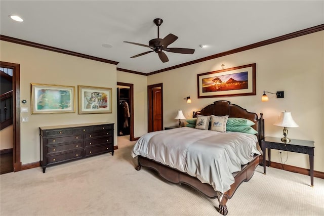 1115 Steamboat Blvd, Steamboat Springs, CO 80487 - bedroom with light carpet, a spacious closet, baseboards, ornamental molding, and a closet