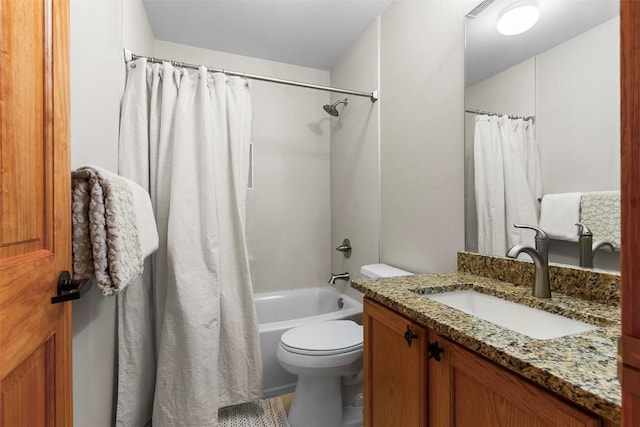 bathroom with shower / bathtub combination with curtain, toilet, and vanity