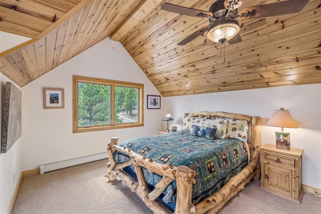 bedroom featuring wood ceiling, ceiling fan, light colored carpet, and a baseboard heating unit