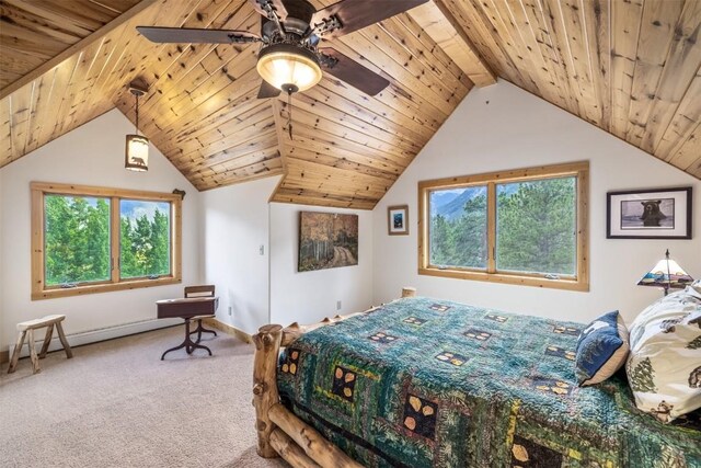 bedroom with vaulted ceiling with beams, ceiling fan, carpet floors, and multiple windows