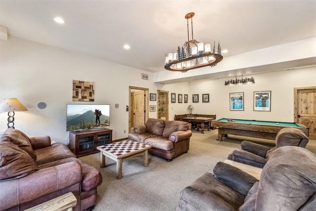 carpeted living room featuring billiards