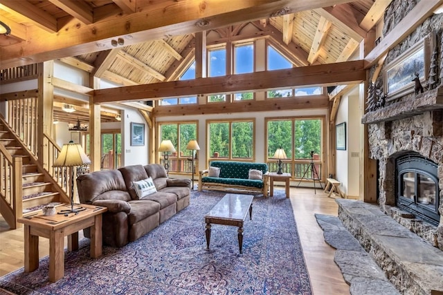 living room featuring hardwood / wood-style floors, beam ceiling, wooden ceiling, and high vaulted ceiling