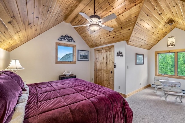 carpeted bedroom with vaulted ceiling with beams, ceiling fan, and wooden ceiling