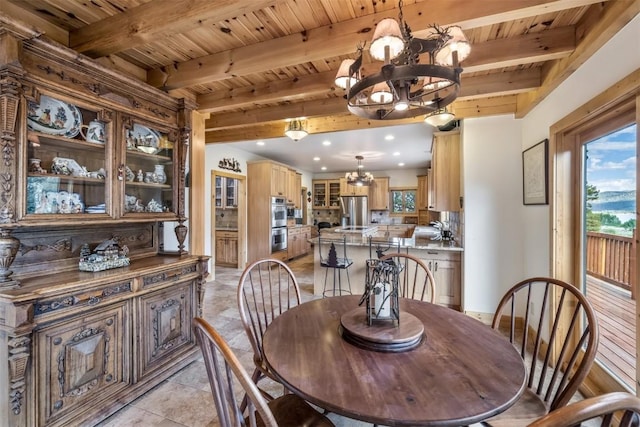 dining area with wood ceiling, beamed ceiling, and a chandelier