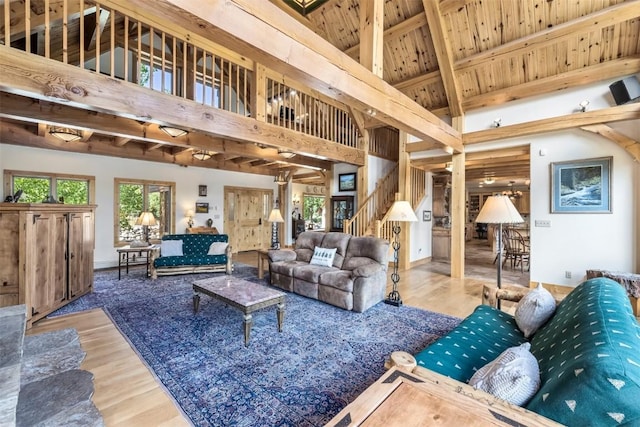 living room featuring beam ceiling, hardwood / wood-style flooring, high vaulted ceiling, and wooden ceiling