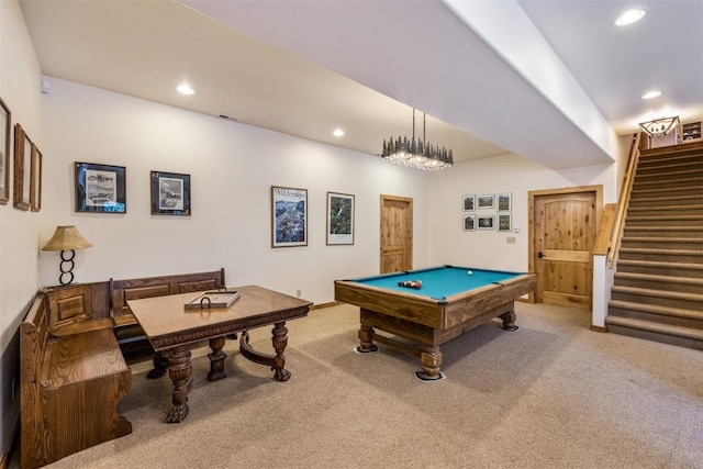 rec room featuring carpet flooring and billiards