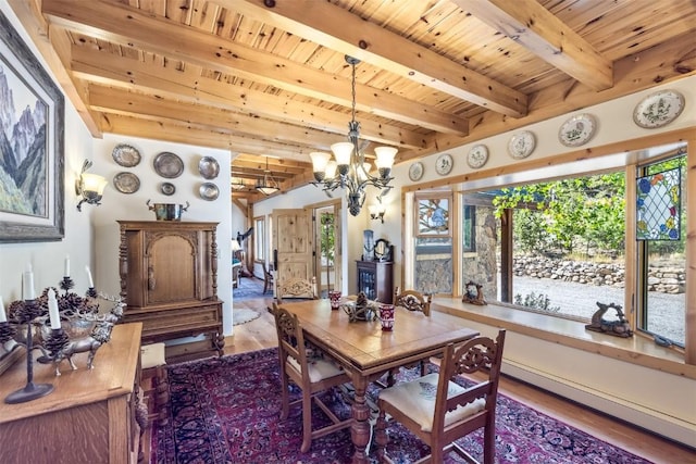 dining room with wood ceiling, wood-type flooring, a baseboard radiator, an inviting chandelier, and beamed ceiling